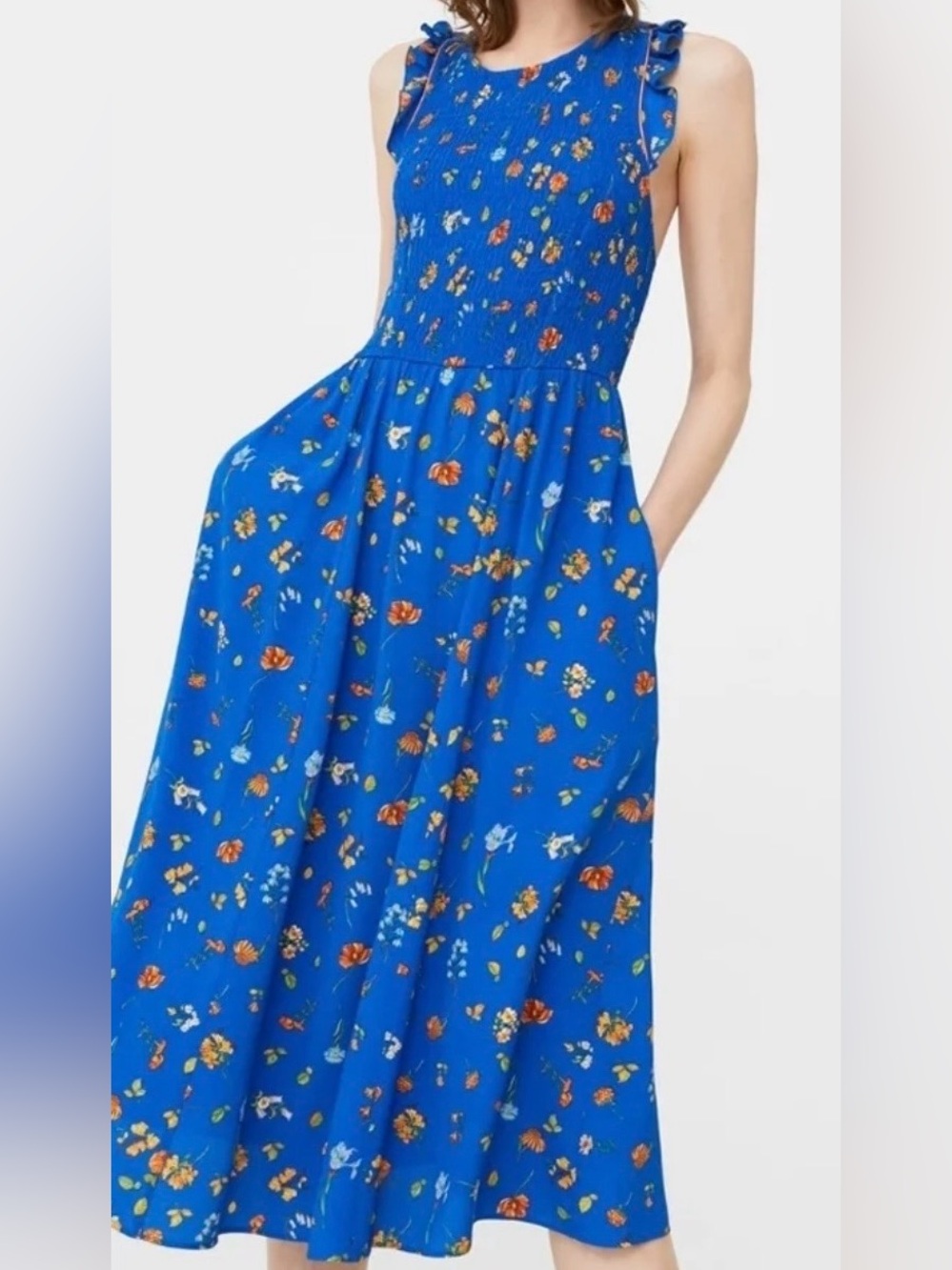 Mango Blue Floral Smocked Waist Dress